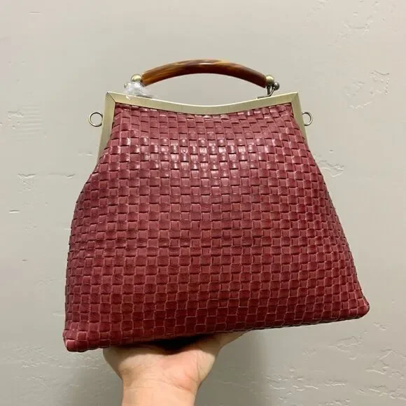 Handmade Genuine Woven Leather Double Kisslock Top Handle Bag & 2 Straps Style